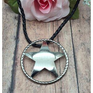 Western Texas Star Brooch Pin Pendant on a Black Faux Cord Collar Necklace 18"